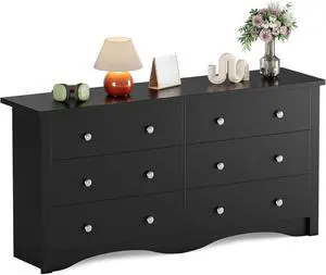 6 Drawer Dresser Chests for Bedroom, Storage Dressers Organizer with Anti-Tilt Devices, Modern Wide Wood Chest of Drawers for Living Room Hallway Entryway (Black) 6 Drawer Dresser Chests for Bedroom, Storage Dressers Organizer with Anti-Tilt Devices, Modern Wide Wood Chest of Drawers for Living Room Hallway Entryway (Black)