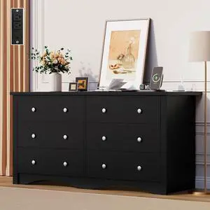 6 Drawer Dresser with Power Outlet, Modern Wooden Chest of Drawers, Multipurpose TV Stand & Closet for Bedroom, Living Room, Hallway (Black) 6 Drawer Dresser with Power Outlet, Modern Wooden Chest of Drawers, Multipurpose TV Stand & Closet for Bedroom, Living Room, Hallway (Black)