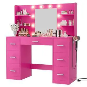 Vanity Desk with Mirror, LED Lights and Power Outlet Makeup Vanity Table with 7 Drawers and 6 Storage Shelves Dressing Table for Bedroom Dressing Room (Rose Pink) Vanity Desk with Mirror, LED Lights and Power Outlet Makeup Vanity Table with 7 Drawers and 6 Storage Shelves Dressing Table for Bedroom Dressing Room (Rose Pink)