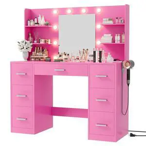Vanity Desk with Mirror, LED Lights and Power Outlet Makeup Vanity Table with 7 Drawers and 6 Storage Shelves Dressing Table for Bedroom Dressing Room (Pink) Vanity Desk with Mirror, LED Lights and Power Outlet Makeup Vanity Table with 7 Drawers and 6 Storage Shelves Dressing Table for Bedroom Dressing Room (Pink)