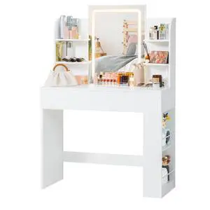 Makeup Vanity with Mirror and Lights, Vanity Desk with 3 Color Modes and Adjustable Light Brightness, Makeup Table with Storage Drawer, Open Shelves, and Side Storage (White, No Bench) Makeup Vanity with Mirror and Lights, Vanity Desk with 3 Color Modes and Adjustable Light Brightness, Makeup Table with Storage Drawer, Open Shelves, and Side Storage (White, No Bench)
