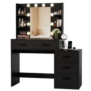 Makeup Vanity Desk with Mirror and Power Outlet, Vanity with 3 Color Light Options Adjustable Brightness, Vanity Table with 5 Drawers, 6 Storage Shelves, Nightstands (Black) Makeup Vanity Desk with Mirror and Power Outlet, Vanity with 3 Color Light Options Adjustable Brightness, Vanity Table with 5 Drawers, 6 Storage Shelves, Nightstands (Black)