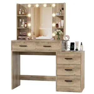 Makeup Vanity Desk with Mirror and Power Outlet, Vanity with 3 Color Light Options Adjustable Brightness, Vanity Table with 5 Drawers, 6 Storage Shelves, Nightstands (Rustic Oak) Makeup Vanity Desk with Mirror and Power Outlet, Vanity with 3 Color Light Options Adjustable Brightness, Vanity Table with 5 Drawers, 6 Storage Shelves, Nightstands (Rustic Oak)