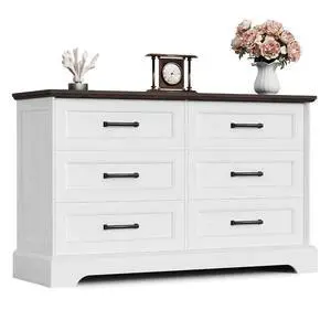 Farmhouse Dresser for Bedroom, 6 Drawers Dresser, Wood Chest of Drawers, 47.2" Wide Storage Dressers Organizer for Bedroom, Living Room, White and Brown Farmhouse Dresser for Bedroom, 6 Drawers Dresser, Wood Chest of Drawers, 47.2" Wide Storage Dressers Organizer for Bedroom, Living Room, White and Brown