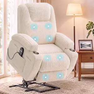 Power Lift Chair Massage Recliner Chairs for Elderly, Corduroy Ergonomic Design with Cup Holders & Side Pockets, Remote Control (White) Power Lift Chair Massage Recliner Chairs for Elderly, Corduroy Ergonomic Design with Cup Holders & Side Pockets, Remote Control (White)