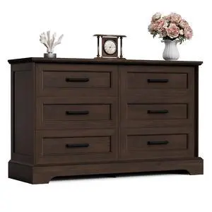 Farmhouse Dresser for Bedroom, 6 Drawers Dresser, Wood Chest of Drawers, 47.2" Wide Storage Dressers Organizer for Bedroom, Living Room, Dark Brown Farmhouse Dresser for Bedroom, 6 Drawers Dresser, Wood Chest of Drawers, 47.2" Wide Storage Dressers Organizer for Bedroom, Living Room, Dark Brown