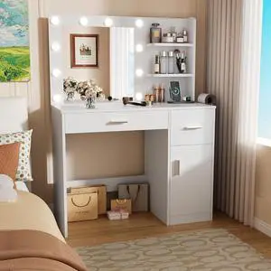 Vanity Desk with Lighted Mirror 3 Modes & Power Outlets, Makeup Vanity Table with Drawers, Cabinet and Open Shelves, for Bedroom & Dressing Room (White) Vanity Desk with Lighted Mirror 3 Modes & Power Outlets, Makeup Vanity Table with Drawers, Cabinet and Open Shelves, for Bedroom & Dressing Room (White)