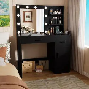 Vanity Desk with Lighted Mirror 3 Modes & Power Outlets, Makeup Vanity Table with Drawers, Cabinet and Open Shelves, for Bedroom & Dressing Room (Black) Vanity Desk with Lighted Mirror 3 Modes & Power Outlets, Makeup Vanity Table with Drawers, Cabinet and Open Shelves, for Bedroom & Dressing Room (Black)