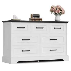 Farmhouse Dresser for Bedroom, 7 Drawers Dresser, Wood Chest of Drawers, 47.5" Wide Storage Dressers Organizer for Bedroom, Living Room, White and Black Farmhouse Dresser for Bedroom, 7 Drawers Dresser, Wood Chest of Drawers, 47.5" Wide Storage Dressers Organizer for Bedroom, Living Room, White and Black