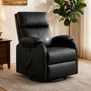 Rocking Chair for Nursery, 360 Swivel Rocker Recliner with Vibration Massage, PU Leather, Adjustable Backrest, for Living Room, Bedroom (Black) Rocking Chair for Nursery, 360 Swivel Rocker Recliner with Vibration Massage, PU Leather, Adjustable Backrest, for Living Room, Bedroom (Black)