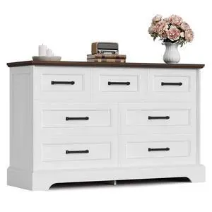 Farmhouse Dresser for Bedroom, 7 Drawers Dresser, Wood Chest of Drawers, 47.5" Wide Storage Dressers Organizer for Bedroom, Living Room, White and Brown Farmhouse Dresser for Bedroom, 7 Drawers Dresser, Wood Chest of Drawers, 47.5" Wide Storage Dressers Organizer for Bedroom, Living Room, White and Brown