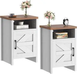 Product Image End Table, Nightstand Set of 2, Modern Bedside Table with Barn Door and Open Wood Shelf, Side Table for Small Spaces, Bedroom (White) Product Image End Table, Nightstand Set of 2, Modern Bedside Table with Barn Door and Open Wood Shelf, Side Table for Small Spaces, Bedroom (White)
