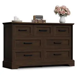 Farmhouse Dresser for Bedroom, 7 Drawers Dresser, Wood Chest of Drawers, 47.5" Wide Storage Dressers Organizer for Bedroom, Living Room, Dark Brown Farmhouse Dresser for Bedroom, 7 Drawers Dresser, Wood Chest of Drawers, 47.5" Wide Storage Dressers Organizer for Bedroom, Living Room, Dark Brown