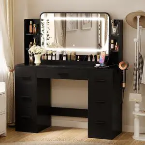 Vanity Desk with Mirror with LED Light Strip, Makeup Vanity with 2 AC Outlets and1 USB1 Type-C Port, 3 Modes Adjustable Lighting Mirror, Modern Ample Storage Drawers Dressing Table, Black Vanity Desk with Mirror with LED Light Strip, Makeup Vanity with 2 AC Outlets and1 USB1 Type-C Port, 3 Modes Adjustable Lighting Mirror, Modern Ample Storage Drawers Dressing Table, Black