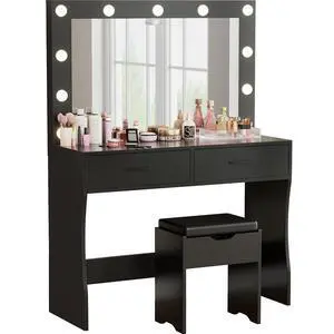 Vanity Desk Set with Large Lighted Mirror, 35.4 Inch Makeup Vanity Table with 2 Drawers, Cushioned Storage Stool, 3 Lighting Modes Brightness Adjustable, Dressing Table for Bedroom (Black) Vanity Desk Set with Large Lighted Mirror, 35.4 Inch Makeup Vanity Table with 2 Drawers, Cushioned Storage Stool, 3 Lighting Modes Brightness Adjustable, Dressing Table for Bedroom (Black)