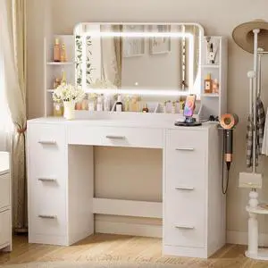 Vanity Desk with Mirror with LED Light Strip, Makeup Vanity with 2 AC Outlets and1 USB1 Type-C Port, 3 Modes Adjustable Lighting Mirror, Modern Ample Storage Drawers Dressing Table, White Vanity Desk with Mirror with LED Light Strip, Makeup Vanity with 2 AC Outlets and1 USB1 Type-C Port, 3 Modes Adjustable Lighting Mirror, Modern Ample Storage Drawers Dressing Table, White