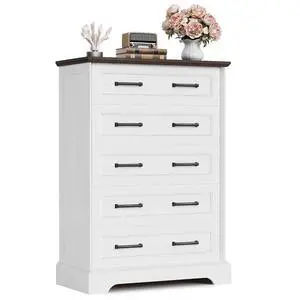 Farmhouse Dresser for Bedroom, 5 Drawers Dresser, Wood Chest of Drawers, 31.5" Wide Storage Dressers Organizer for Bedroom, Living Room (White and Brown) Farmhouse Dresser for Bedroom, 5 Drawers Dresser, Wood Chest of Drawers, 31.5" Wide Storage Dressers Organizer for Bedroom, Living Room (White and Brown)