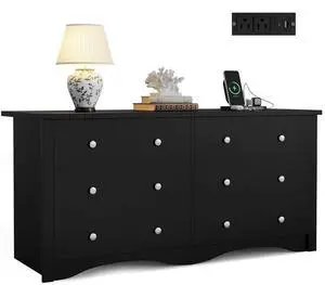 Dresser for Bedroom with Power Outlet, 6 Wood Dresser, Chest of Drawers, for TV up to 65 inch, TV Stand Storage Chest of Drawers for Hallway Entryway (Black) Dresser for Bedroom with Power Outlet, 6 Wood Dresser, Chest of Drawers, for TV up to 65 inch, TV Stand Storage Chest of Drawers for Hallway Entryway (Black)