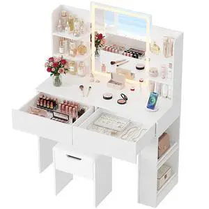 Vanity Desk with Mirror and LED Lights, Makeup Vanity Table with 3 Lighting Color, Adjustable Brightness, Vanity Table with 2 Drawers, Side Storage, for Bedroom (White, with Bench) Vanity Desk with Mirror and LED Lights, Makeup Vanity Table with 3 Lighting Color, Adjustable Brightness, Vanity Table with 2 Drawers, Side Storage, for Bedroom (White, with Bench)