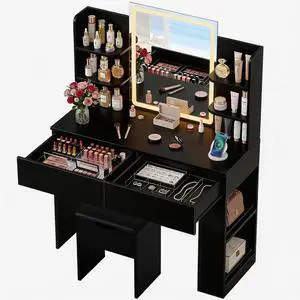 Vanity Desk with Mirror and LED Lights, Makeup Vanity Table with 3 Lighting Color, Adjustable Brightness, Vanity Table with 2 Drawers, Side Storage, for Bedroom (Black, with Bench) Vanity Desk with Mirror and LED Lights, Makeup Vanity Table with 3 Lighting Color, Adjustable Brightness, Vanity Table with 2 Drawers, Side Storage, for Bedroom (Black, with Bench)
