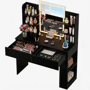 Vanity Desk with Mirror and LED Lights, Makeup Vanity Table with 3 Lighting Color, Adjustable Brightness, Vanity Table with 2 Drawers, Side Storage, for Bedroom (Black, No Bench) Vanity Desk with Mirror and LED Lights, Makeup Vanity Table with 3 Lighting Color, Adjustable Brightness, Vanity Table with 2 Drawers, Side Storage, for Bedroom (Black, No Bench)