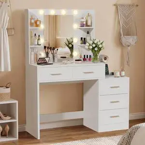 Makeup Vanity Desk with Mirror and Power Outlet, Vanity with 3 Color Light Options Adjustable Brightness, Vanity Table with 5 Drawers, 6 Storage Shelves, Nightstands (White) Makeup Vanity Desk with Mirror and Power Outlet, Vanity with 3 Color Light Options Adjustable Brightness, Vanity Table with 5 Drawers, 6 Storage Shelves, Nightstands (White)