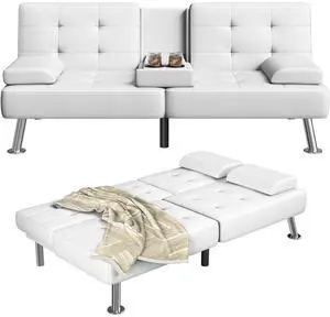Futon Sofa Bed Adjustable Futon Couch Sleeper Sofa Bed for Living Room, Business Office, Recliner Sofas with Cup Holders (PU Leather, White) Futon Sofa Bed Adjustable Futon Couch Sleeper Sofa Bed for Living Room, Business Office, Recliner Sofas with Cup Holders (PU Leather, White)