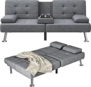 Futon Sofa Bed Adjustable Futon Couch Sleeper Sofa Bed for Living Room, Business Office, Recliner Sofas with Cup Holders (Fabric, Gray) Futon Sofa Bed Adjustable Futon Couch Sleeper Sofa Bed for Living Room, Business Office, Recliner Sofas with Cup Holders (Fabric, Gray)