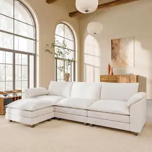 118.9" Modular Sectional Cloud Couch 3-Seat Sofa Set with Movable Ottoman, L Shaped Sofa Couch with Deep Seat, Chenille Couches for Living Room (White, L Shaped Sofa) 118.9" Modular Sectional Cloud Couch 3-Seat Sofa Set with Movable Ottoman, L Shaped Sofa Couch with Deep Seat, Chenille Couches for Living Room (White, L Shaped Sofa)