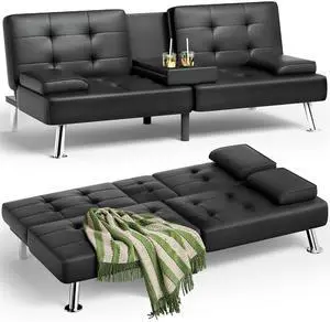 Faux Leather Futon Sofa Bed Futon Couch with Removable Armrests Adjustable Sleeper Sofa Bed with 2 Cup Holders for Living Room (PU Leather, Black) Faux Leather Futon Sofa Bed Futon Couch with Removable Armrests Adjustable Sleeper Sofa Bed with 2 Cup Holders for Living Room (PU Leather, Black)