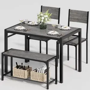Dining Table Set for 4, Modern Kitchen Table Bench and Chairs Rectangular Dining Room Table Set with Storage Bench for Small Space, Apartment, Restaurant (Grey) Dining Table Set for 4, Modern Kitchen Table Bench and Chairs Rectangular Dining Room Table Set with Storage Bench for Small Space, Apartment, Restaurant (Grey)