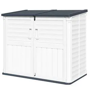 35 Cu. Ft. Resin Storage Shed Outdoor, Large Capacity Storage Box for Garbage Cans with Hooks, Garden Tools, Patio Decorations, Weather-Resistant, Lockable (Beige) 35 Cu. Ft. Resin Storage Shed Outdoor, Large Capacity Storage Box for Garbage Cans with Hooks, Garden Tools, Patio Decorations, Weather-Resistant, Lockable (Beige)