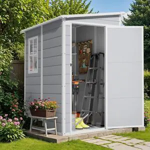 5 x 4 FT Outdoor Storage Shed, Garden Resin Shed with Floor & Windows, Plastic Tool Shed with Lockable Door for Backyard Patio Lawn Pool, Light Gray 5 x 4 FT Outdoor Storage Shed, Garden Resin Shed with Floor & Windows, Plastic Tool Shed with Lockable Door for Backyard Patio Lawn Pool, Light Gray