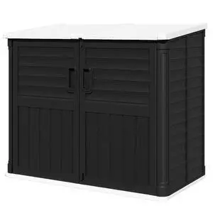35 Cu. Ft. Resin Storage Shed Outdoor, Large Capacity Storage Box for Garbage Cans with Hooks, Garden Tools, Patio Decorations, Weather-Resistant, Lockable (Black) 35 Cu. Ft. Resin Storage Shed Outdoor, Large Capacity Storage Box for Garbage Cans with Hooks, Garden Tools, Patio Decorations, Weather-Resistant, Lockable (Black)
