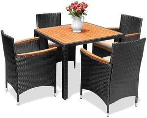 5 Piece Patio Dining Set Outdoor Acacia Wood Table and Chairs with Soft Cushions Wicker Patio Furniture for Deck, Backyard, Garden 5 Piece Patio Dining Set Outdoor Acacia Wood Table and Chairs with Soft Cushions Wicker Patio Furniture for Deck, Backyard, Garden