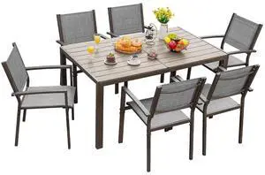 Patio Dining Set 7 Piece Metal Frame Outdoor Furniture with 6 Textilene Chairs and Rectangular Table Family Kitchen Conversation Set for Backyard, Lawn (Grey) Patio Dining Set 7 Piece Metal Frame Outdoor Furniture with 6 Textilene Chairs and Rectangular Table Family Kitchen Conversation Set for Backyard, Lawn (Grey)