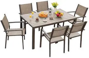 Patio Dining Set 7 Piece Metal Frame Outdoor Furniture with 6 Textilene Chairs and Rectangular Table Family Kitchen Conversation Set for Backyard, Lawn (Brown) Patio Dining Set 7 Piece Metal Frame Outdoor Furniture with 6 Textilene Chairs and Rectangular Table Family Kitchen Conversation Set for Backyard, Lawn (Brown)