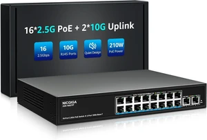 16 Port 2.5G PoE Switch Unmanaged with 16 Port 2.5Gb Base-T PoE+@250W + 2 x 10G RJ45 Uplink, NICGIGA 18 Port 2.5Gbe IEEE802.3af/at Power Over Ethernet Switch, Support WiFi6 AP, NAS, 4K PoE Camera NVR. 16 Port 2.5G PoE Switch Unmanaged with 16 Port 2.5Gb Base-T PoE+@250W + 2 x 10G RJ45 Uplink, NICGIGA 18 Port 2.5Gbe IEEE802.3af/at Power Over Ethernet Switch, Support WiFi6 AP, NAS, 4K PoE Camera NVR.