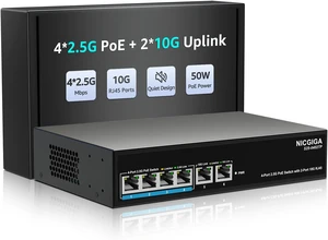 4 Port 2.5Gb PoE (65W) + 2 Port 10Gb RJ45 Network Switch Unmanaged.NICGIGA 6 Port 2.5G IEEE802.3af/at Power Over Ethernet Switch, Support WiFi6 AP, NAS, 4K PoE Camera NVR. 4 Port 2.5Gb PoE (65W) + 2 Port 10Gb RJ45 Network Switch Unmanaged.NICGIGA 6 Port 2.5G IEEE802.3af/at Power Over Ethernet Switch, Support WiFi6 AP, NAS, 4K PoE Camera NVR.