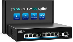 8 Port 2.5Gb PoE (130W) + 2 Port 10Gb RJ45 Network Switch Unmanaged, NICGIGA 10 Port 2.5G IEEE802.3af/at Power Over Ethernet Switch, Support WiFi6 AP, NAS, 4K PoE Camera NVR. 8 Port 2.5Gb PoE (130W) + 2 Port 10Gb RJ45 Network Switch Unmanaged, NICGIGA 10 Port 2.5G IEEE802.3af/at Power Over Ethernet Switch, Support WiFi6 AP, NAS, 4K PoE Camera NVR.