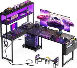 AODK L Shaped Desk Gaming Desk with LED Light & Power Outlet,53 Inch Black Reversible L Shaped Computer Table with Shelf & Storage Bag & Hook for Home Office AODK L Shaped Desk Gaming Desk with LED Light & Power Outlet,53 Inch Black Reversible L Shaped Computer Table with Shelf & Storage Bag & Hook for Home Office