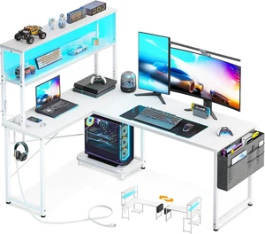 AODK L Shaped Desk Gaming Desk with LED Light & Power Outlet,53 Inch White Reversible L Shaped Computer Table with Shelf, Corner Desk with Storage Bag&Hook for Home Office Desk AODK L Shaped Desk Gaming Desk with LED Light & Power Outlet,53 Inch White Reversible L Shaped Computer Table with Shelf, Corner Desk with Storage Bag&Hook for Home Office Desk
