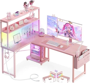 AODK L Shaped Desk Gaming Desk with LED Light & Power Outlet,53 Inch Pink Reversible L Shaped Computer Table with Shelf & Storage Bag & Hook for Home Office AODK L Shaped Desk Gaming Desk with LED Light & Power Outlet,53 Inch Pink Reversible L Shaped Computer Table with Shelf & Storage Bag & Hook for Home Office