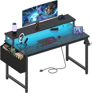Lufeiya Black Gaming Desk with LED Lights and Power Outlets, 40 Inch Teen Writing Study Table Home Office Desks with Monitor Stand, Computer Desk with Charging Station USB Port, Black Lufeiya Black Gaming Desk with LED Lights and Power Outlets, 40 Inch Teen Writing Study Table Home Office Desks with Monitor Stand, Computer Desk with Charging Station USB Port, Black