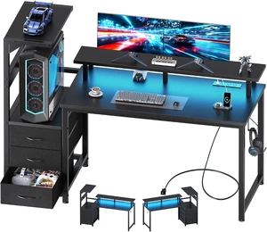 DUMOS 52 Reversible Gaming Computer Desk with Drawers and Power Outlet,Gamer Table with Side Hook LED Lights and Monitor Stand for Home Office Small Space Fits PC Towers, Black DUMOS 52 Reversible Gaming Computer Desk with Drawers and Power Outlet,Gamer Table with Side Hook LED Lights and Monitor Stand for Home Office Small Space Fits PC Towers, Black