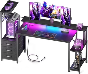 Korfile 55" Gaming Desk with Power Outlet, LED, Carbon Fiber Black Finish,Reversible Computer Desk with Monitor Stand, CPU Stand & Drawers, Gamer Table with Side Hook for Gaming, Home Office, Bedroom Korfile 55" Gaming Desk with Power Outlet, LED, Carbon Fiber Black Finish,Reversible Computer Desk with Monitor Stand, CPU Stand & Drawers, Gamer Table with Side Hook for Gaming, Home Office, Bedroom
