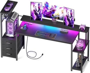 Korfile 63" Gaming Desk with Power Outlet, LED, Carbon Fiber Black Finish,Reversible Computer Desk with Monitor Stand, CPU Stand & Drawers, Gamer Table with Side Hook for Gaming, Home Office, Bedroom Korfile 63" Gaming Desk with Power Outlet, LED, Carbon Fiber Black Finish,Reversible Computer Desk with Monitor Stand, CPU Stand & Drawers, Gamer Table with Side Hook for Gaming, Home Office, Bedroom