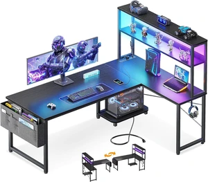 ODK 53" L Shaped Gaming Desk with Shelves, LED & Outlets, Black,Hook for headset, bag for gear. Shelves for books & supplies. LED for gaming nights. Reversible. Home office computer desk. ODK 53" L Shaped Gaming Desk with Shelves, LED & Outlets, Black,Hook for headset, bag for gear. Shelves for books & supplies. LED for gaming nights. Reversible. Home office computer desk.