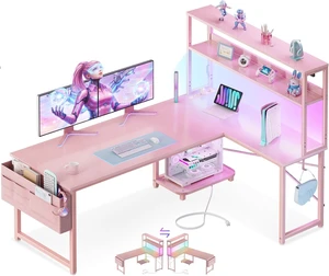 ODK 53" L Shaped Gaming Desk with Shelves, LED & Outlets, Pink,Headset hook. Storage bag. Shelves for makeup & gaming gear. LED for late-night gaming. Reversible. Fits dual monitors. ODK 53" L Shaped Gaming Desk with Shelves, LED & Outlets, Pink,Headset hook. Storage bag. Shelves for makeup & gaming gear. LED for late-night gaming. Reversible. Fits dual monitors.