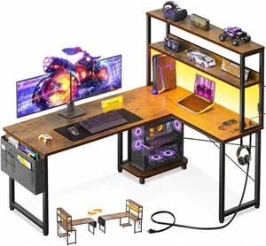 ODK 53" L Shaped Gaming Desk with Shelves, LED & Outlets, Vintage,Headset hook. Storage bag. Shelves for stationery & accessories. LED for late-night gaming. Reversible. Fits dual monitors. ODK 53" L Shaped Gaming Desk with Shelves, LED & Outlets, Vintage,Headset hook. Storage bag. Shelves for stationery & accessories. LED for late-night gaming. Reversible. Fits dual monitors.